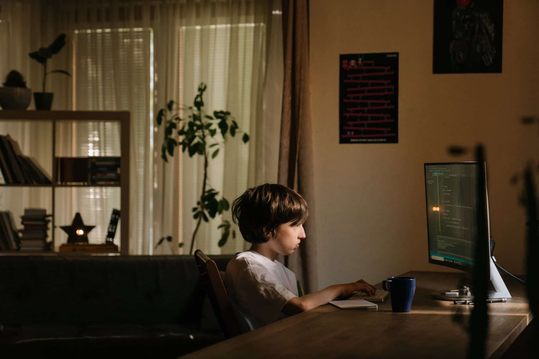 boy in white shirt sitting on chair Educacion y seguridad durante la educacion virtual